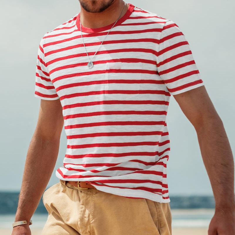 Outdoor Freizeit Sommer Herren Gestreiftes T-Shirt Klassischer Basic Stil Kurzarm Rundhals Lockere T-Shirts Sommer Sport OOTD T-Shirts