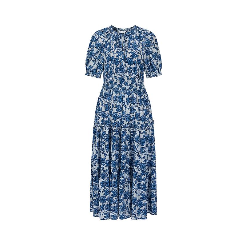 Jiuzi Anna Kou Romantic Holiday Ethnic Style Printed Folded Waist Dress for Women 2025 Summer New Style