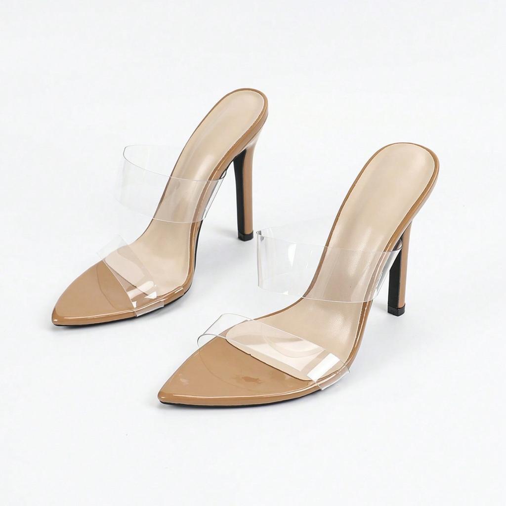 Women's glass glue PVC patent leather pointed stiletto sandals apricot high heels