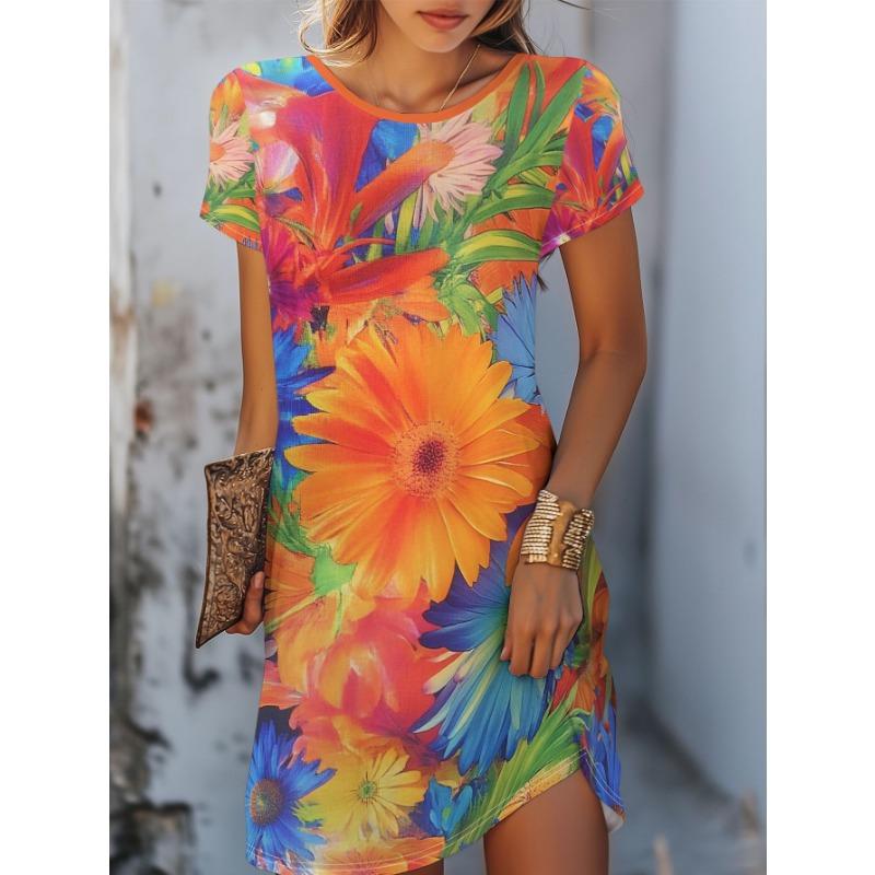 Summer Short Sleeved Dress Loose Casual Plus Size Dress Flower Print Dress Mini Skirt