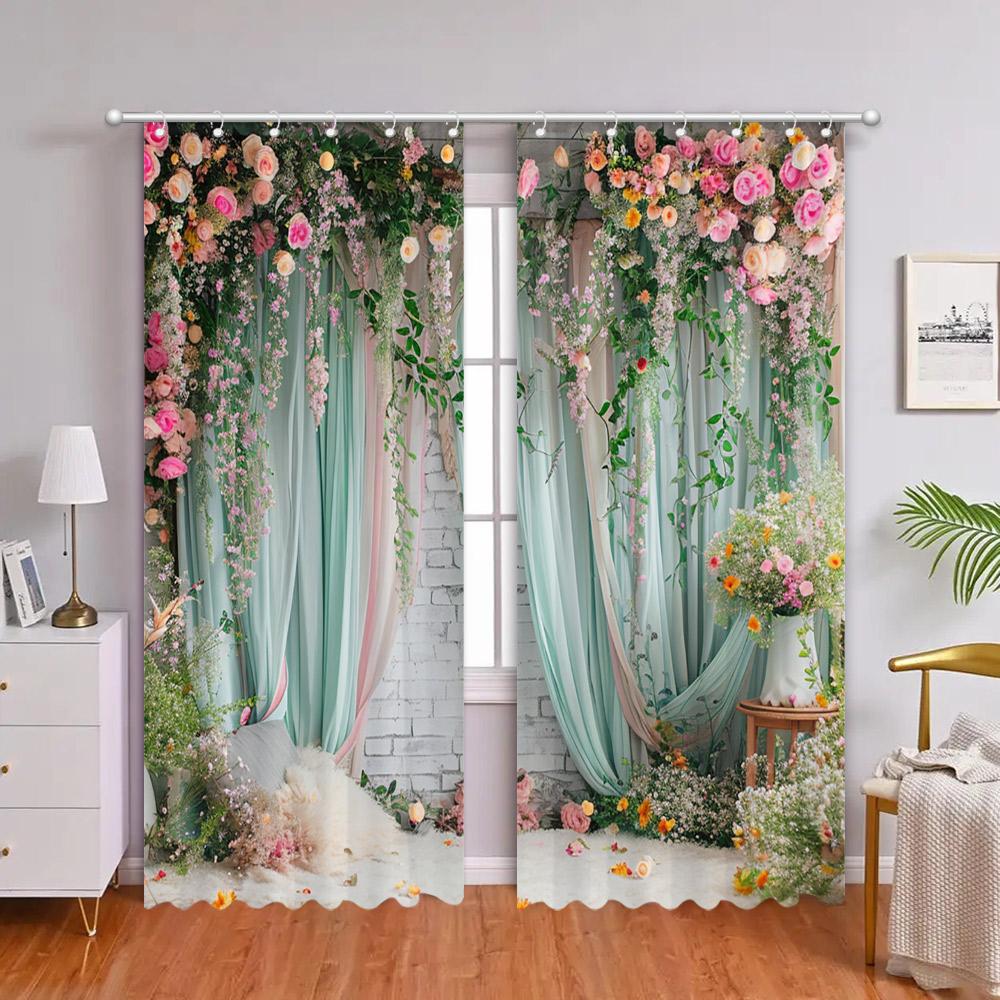 

Красивый цветочный ламбрекен Шторы с 3D-печатью Гостиная Спальня Декоративная фоновая ткань Занавеска для ванной комнаты с крючками W60xH60(CM)x2PCS