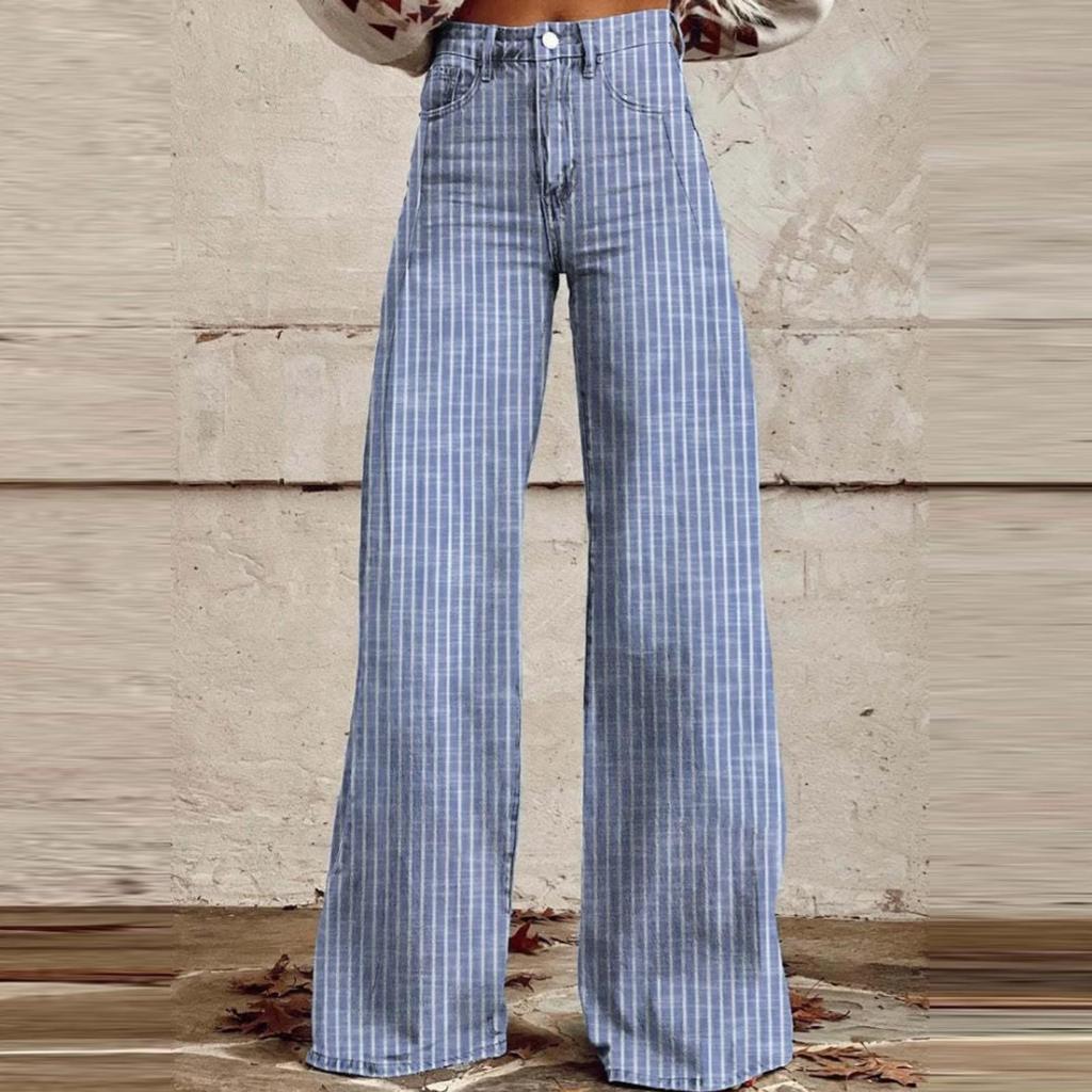 Jeans da donna alla moda casual in denim a righe a gamba larga e dritta micro-tagliati