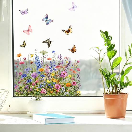Non Adhesive Glass Cling Flowers And Butterflies Static Sticker, Floral Window Clings, Decorative Sticker for Home Storefront Decor Store Decoration,