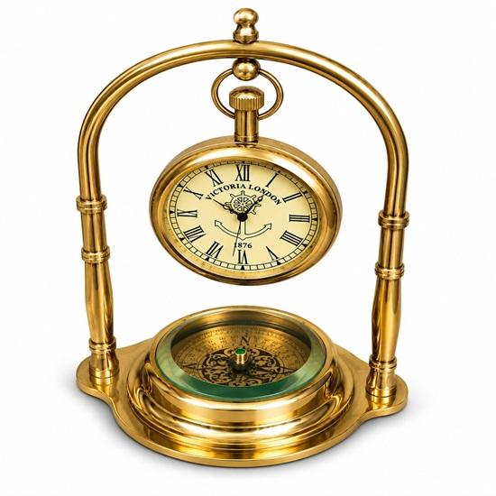 Brass Hanging Pocket Watch Clock with Compass, Nautical Desk Clock, Maritime Table Decor, Antique Style Brass
