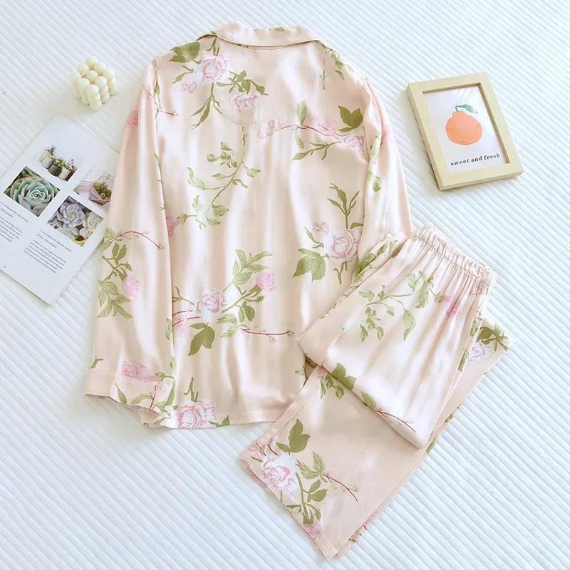 SpringSummer New Women Pajama Set Gongsatin Cotton Fabric Silk Viscose Fiber Silk Smooth High End Home Fur Two Piece Set