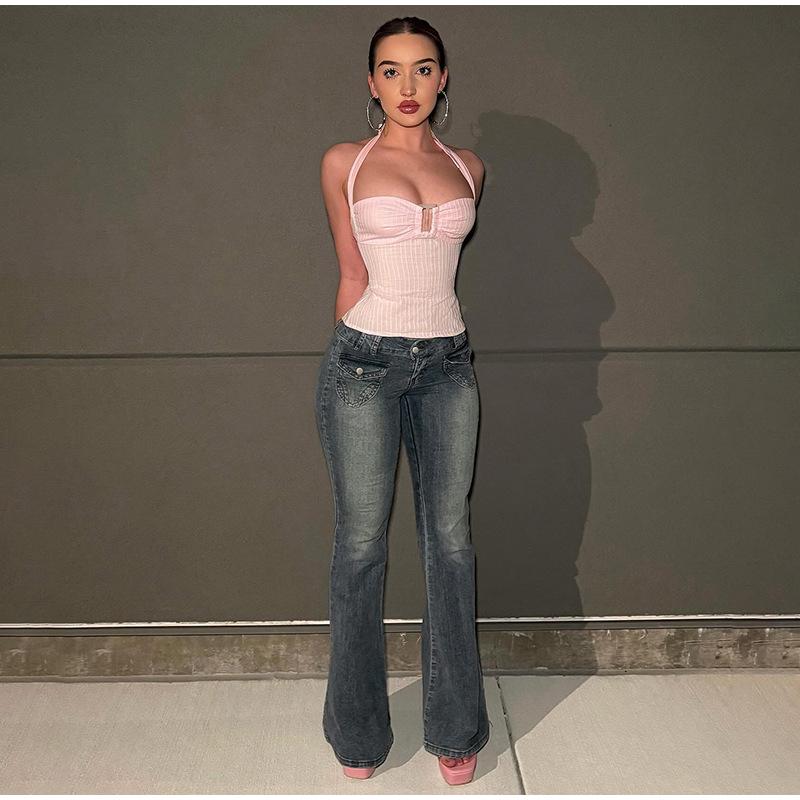 Vintage Y2k Flared Jeans Retro Button-up Middle Waist Casual Denim Pants Harajuku 2000s Basic Aesthetic Cotton Trousers 2025 Spring Autumn