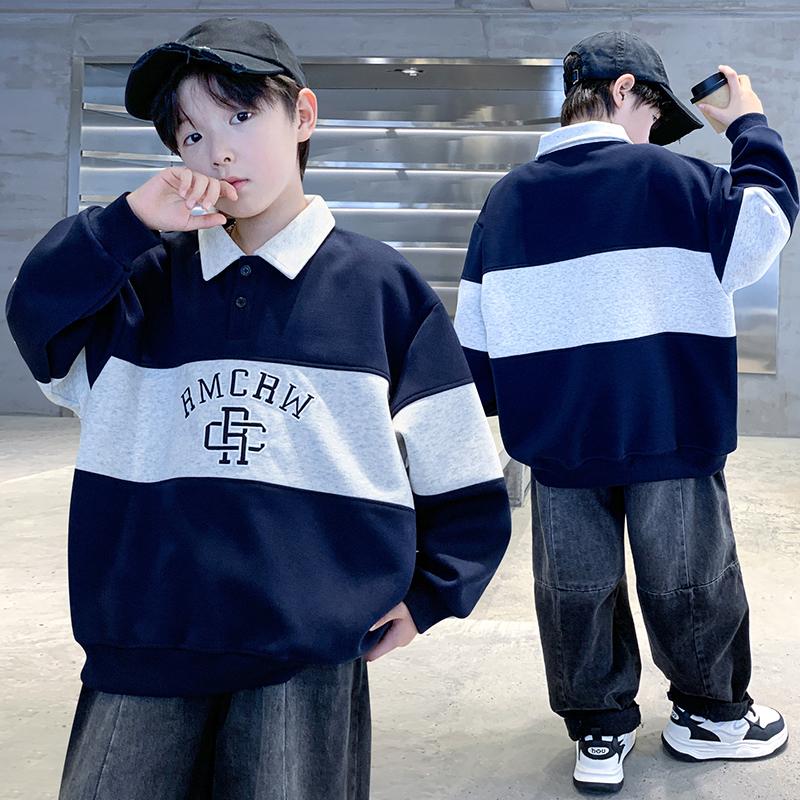 Children's Korean Retro Contrasting Polo Collar Sweatshirt with Cotton Fabric for Boys In Spring and Autumn, Long Sleeved Pullover Sweater