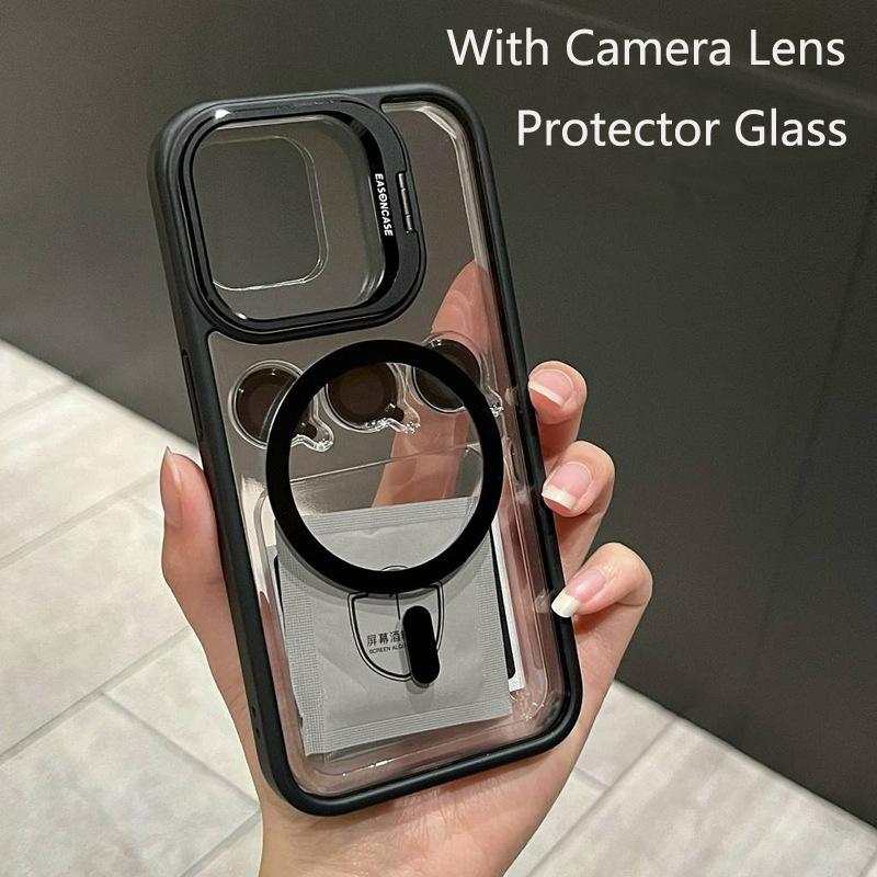 For Magsafe Magnetic Lens Protection Stand Case For iPhone 15 12 13 14 11 Pro Max Camera Lens Glass Transparent Metal Ring Cover