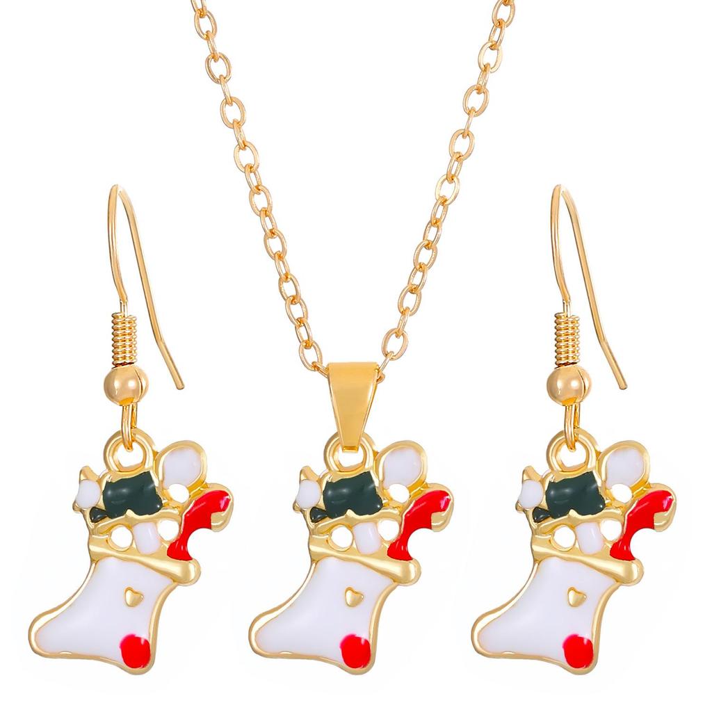 Christmas Ornaments Elk Socks Santa Claus Snowman Necklace Pendant Earrings Bijouterie Sets