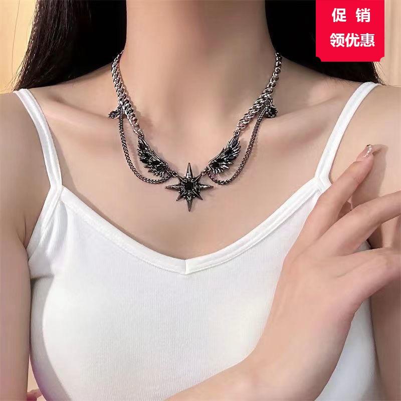Y2K Gothic Punk Wing Star Pendant Choker Necklace Women Alloy Locket Chain Chic Edgy Sweet Cool Style