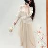 Miyake Pleats V-neck Lace Korean Top & Elegant Long Skirt Set