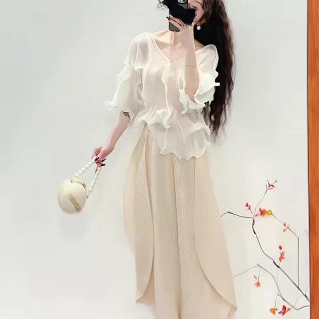 Miyake Pleats V-neck Lace Korean Top & Elegant Long Skirt Set