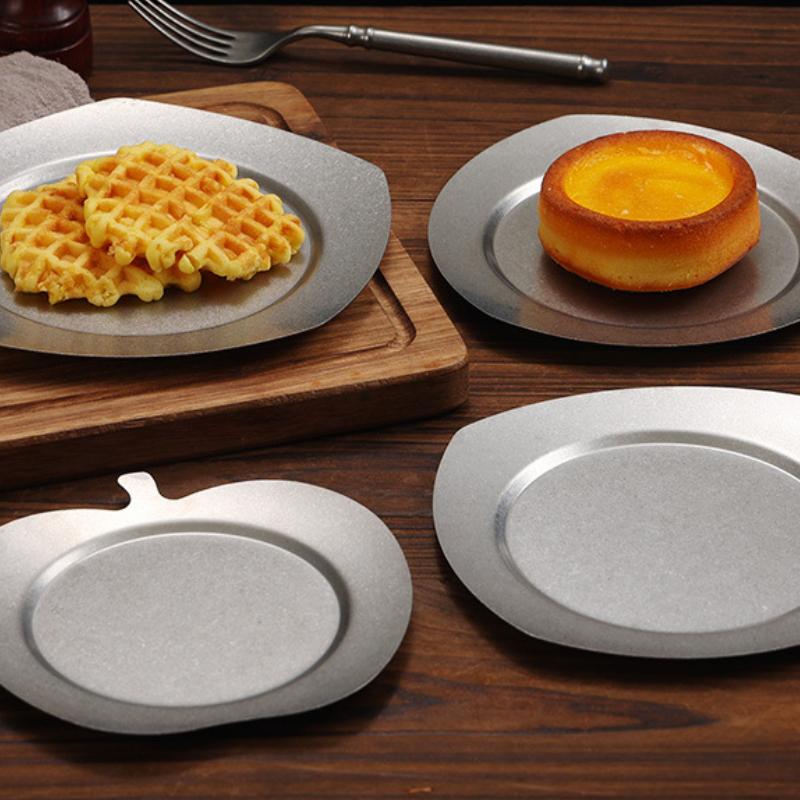 Vintage Stainless Steel Steak Dinner Plates Fruits Dessert Vegetable Shallow Plate Kitchen BBQ Picnic Restaurant Hotel Tableware