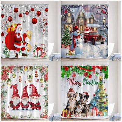 Christmas Shower Curtain Cute Snowman Santa Claus Xmas Tree Dog Winter Truck New Year Home Bathroom Curtains Decor With Hooks