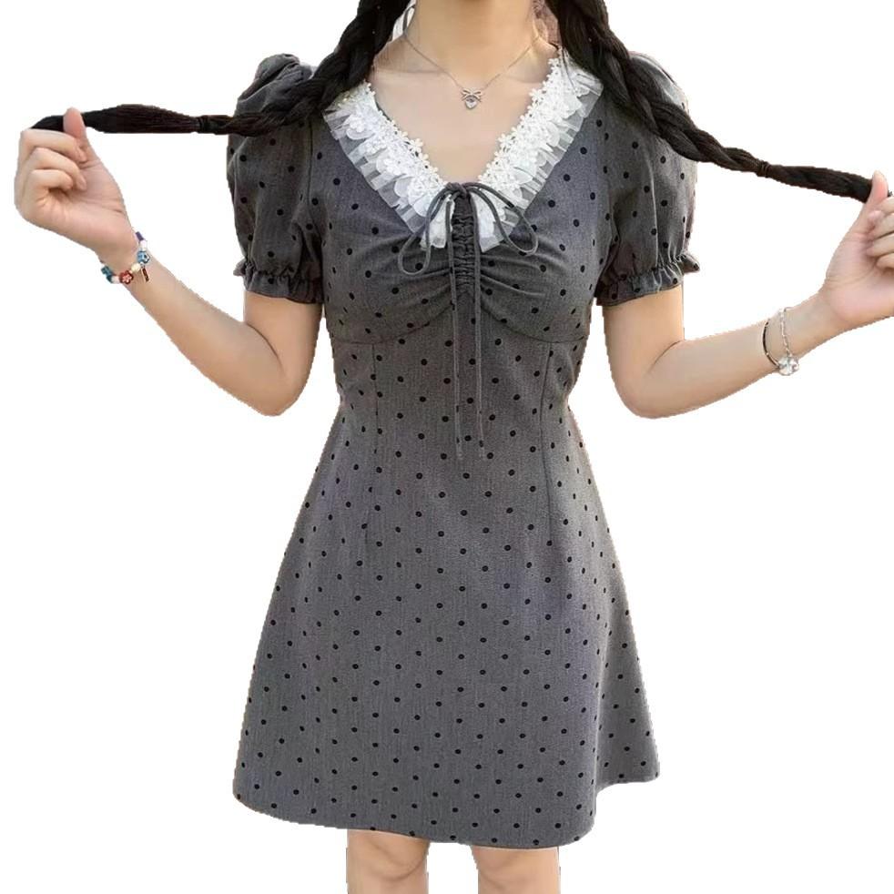 Lace French Hepburn Style Grey Premium Short Sleeve Dress Women's Summer Pear Shape Waist Skinny Polka Dot Short Skirt