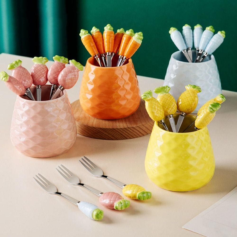 Creative Dessert Forks with Storage Jar Ceramic Fruit Forks Receipt Jar for Tasting Salad