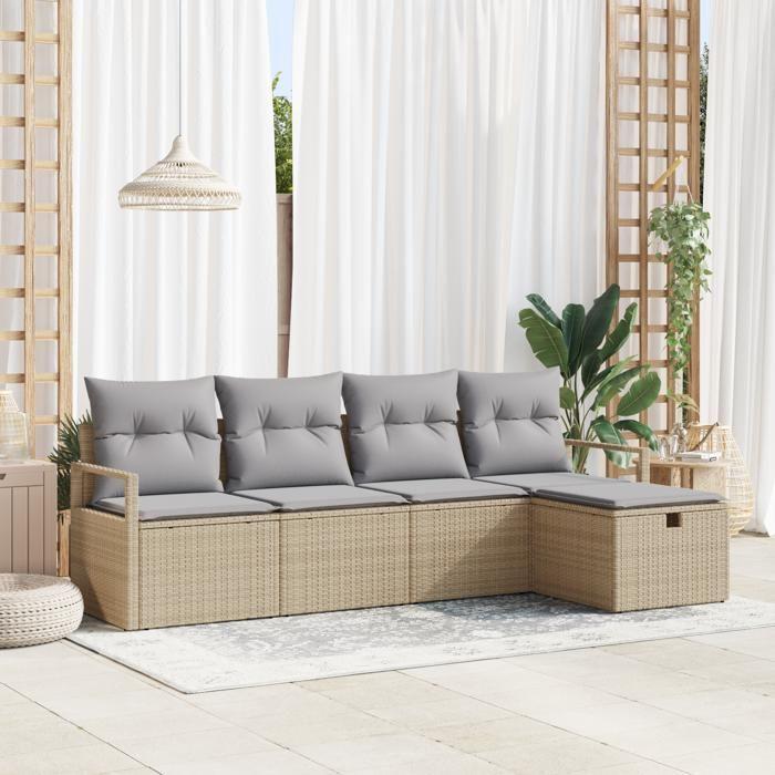 Canapés de jardin 5 pièces avec coussins Beige en poly rattan, Canapé de jardin 2 places avec coussins Beige en poly rattan 3359159