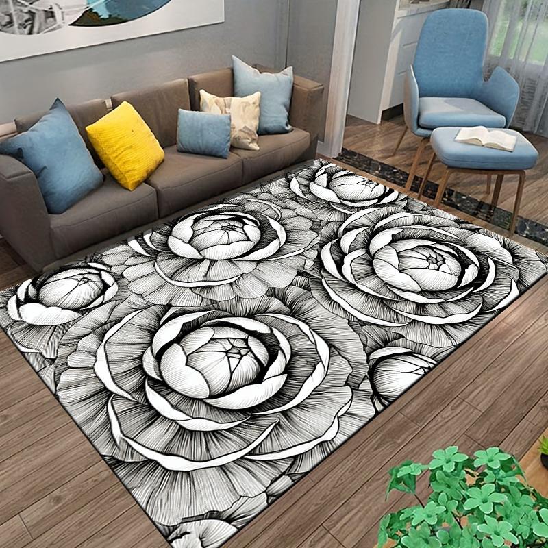 Black and White Floral Design Carpet, Elegant Rose Pattern for Home Decor Suitable for Use As an Anti-slip for Living Room Bedroom Sofas