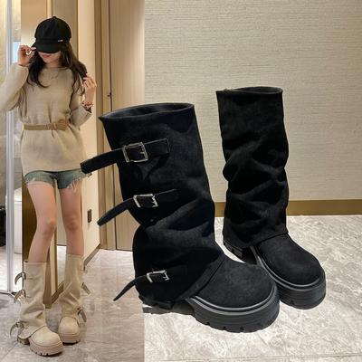 Knight Boots But Trousers 2025 New Style Thick-soled Retro Spice Girls Versatile Pile Knee Show Legs Long Boots Women's Spring
