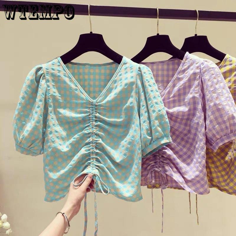 Plaid Short-sleeved Shirt Female Summer V-neck Drawstring Short Section Design Sense Korean Fashion Puffy Sleeve Thin Tops