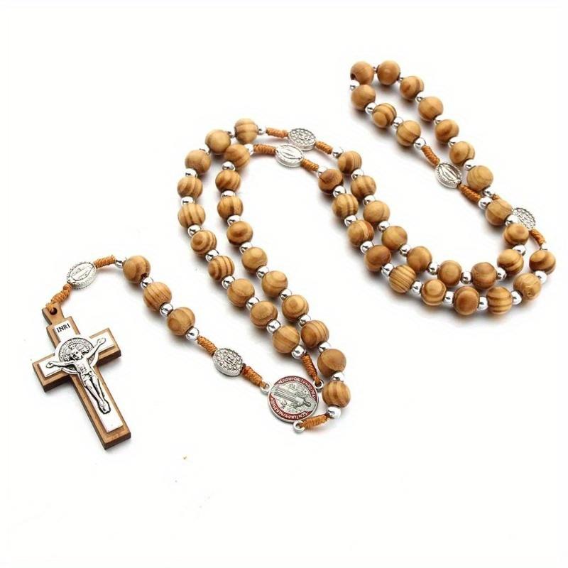 Hand-woven Exorcism Rosary Wood Beads Alloy Benedict Retro Prayer Cross Rosary Car Decor