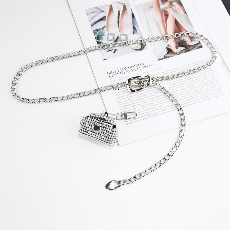 Chain Silver Waistband With Small Bag Womens Clothing Dresses Coats Accessories