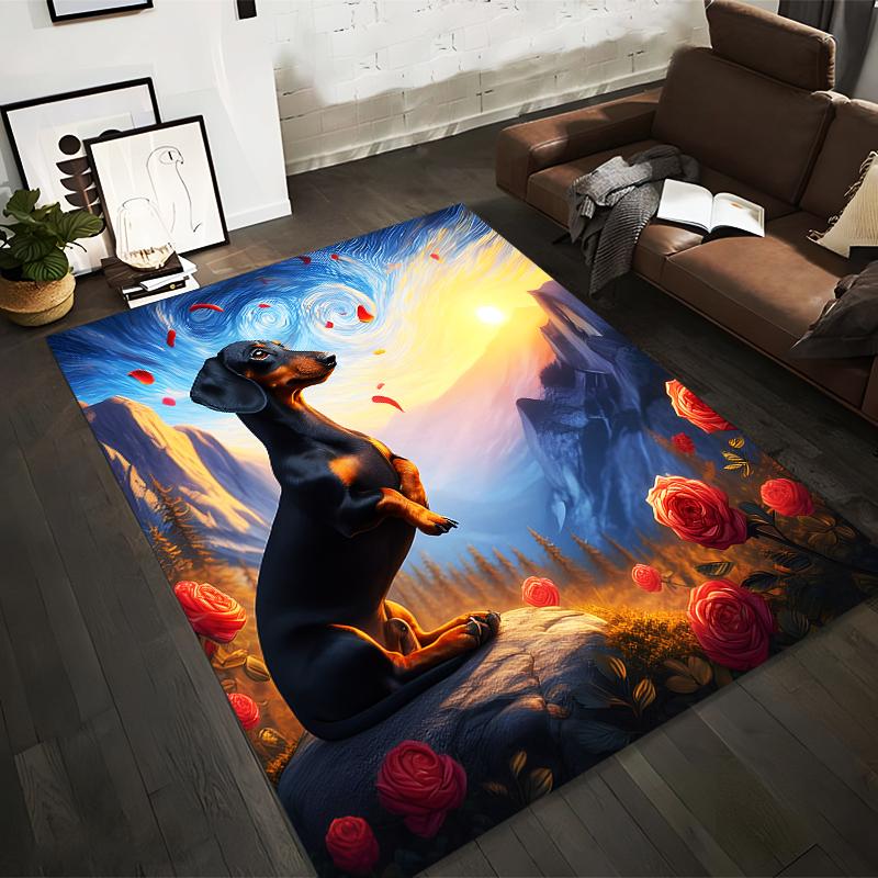 

Dachshund on Rock with Roses and Sunset Artistic Carpet Design Suitable for use as an anti-slip for living room bedroom sofas 40x60cm( 15x23in )