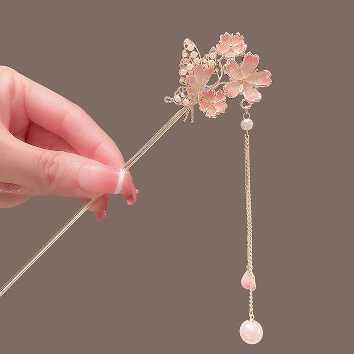 Japanese Chinese Style Enamel Metal Flower Hair Sticks Pearl Tassel Hairpin  Hair Shopsticks Hanfu Hair Accessories