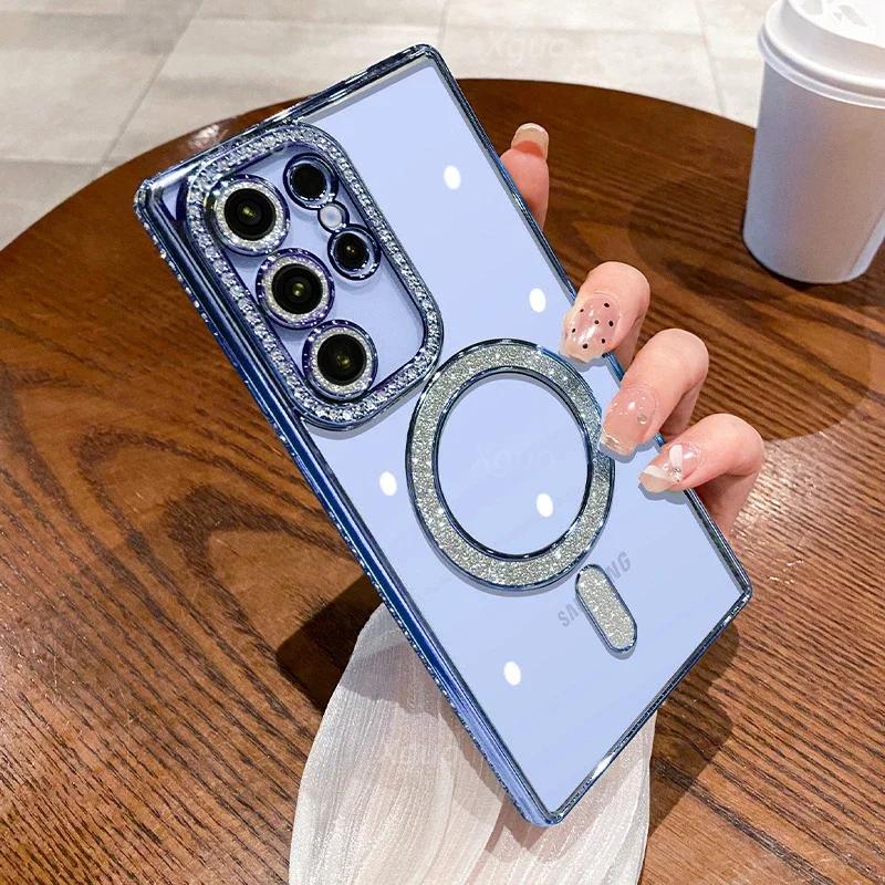 Luxury Sparkly Crystal Clear Case For Samsung Galaxy S24 Plus S23 S22 Ultra Magsafe Magnetic Wireless Charge Lens Film Cover
