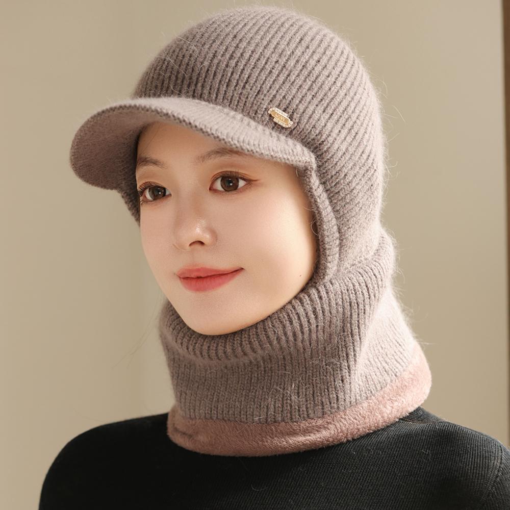 New Winter Balaclava Cap Women Keep Warm Windproof Knitted Hat Neck Protection Beanie Cap Plush Fur Lined Hats For Women