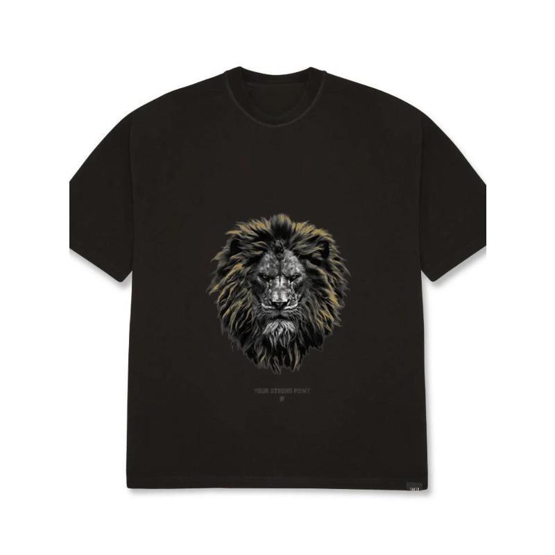 Men's Loose Fit T-Shirt White Lion Head Graphic Print Your Strong Point Text Casual Streetwear Top for Everyday Wear