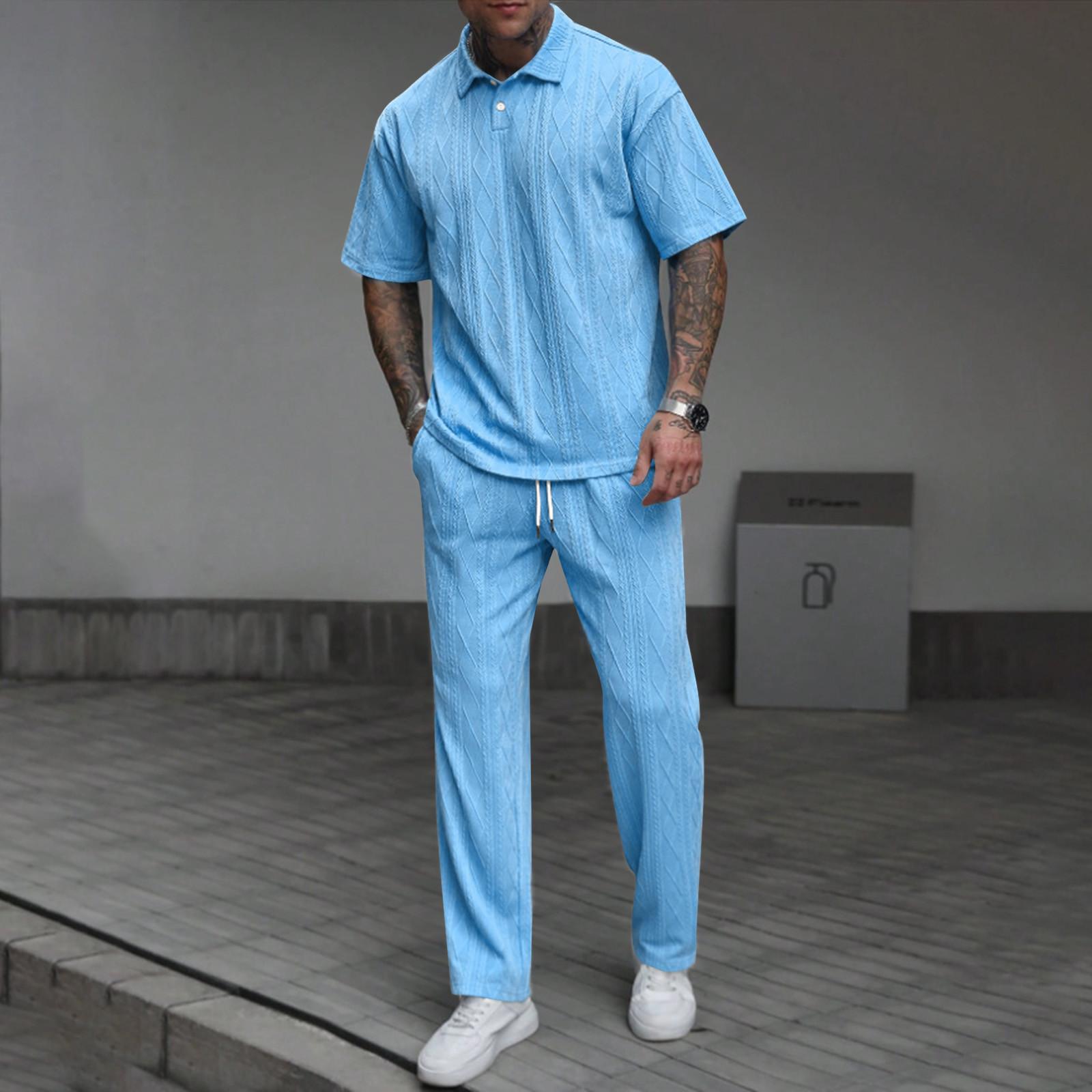 

Мужской однотонный текстурированный костюм с брюками с коротким рукавом Мужской повседневный костюм L синий