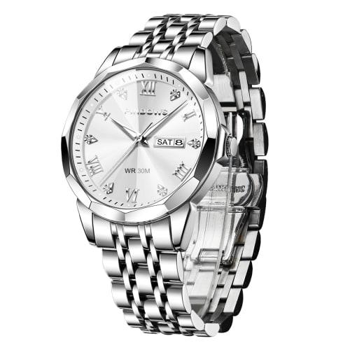 PINDOWS Men's Diamond Business Dress Analog Quartz Watch, Luxury Waterproof Luminous Date Display, Two-Tone Stainless Steel Band, Classic Fashion Men'