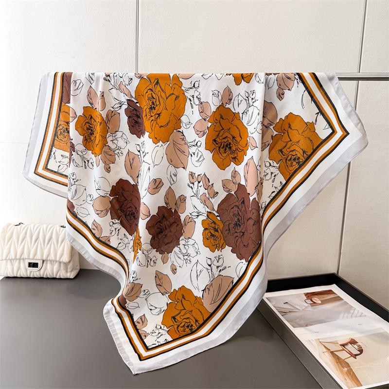 Satin Square Scarf Women Muslim Hijab 2026 Flower Print Silk Neckerchief Shawl Wraps Headband Handle Hair Bag Ribbon Bandana