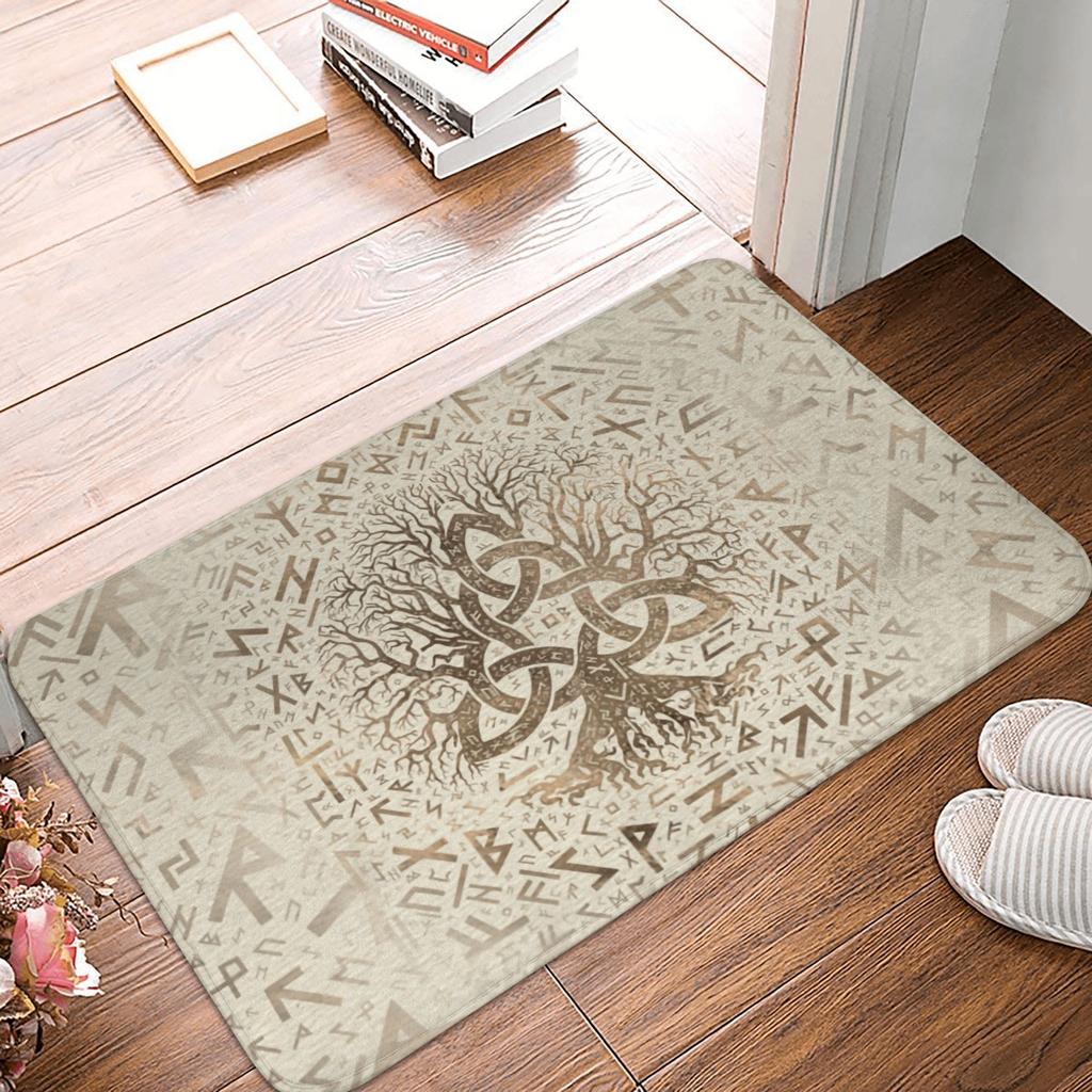 Norse Tree Of Life Printed Flannel Door Mat Viking Rune Design Soft Absorbent Rug For Home Decor Gift Idea