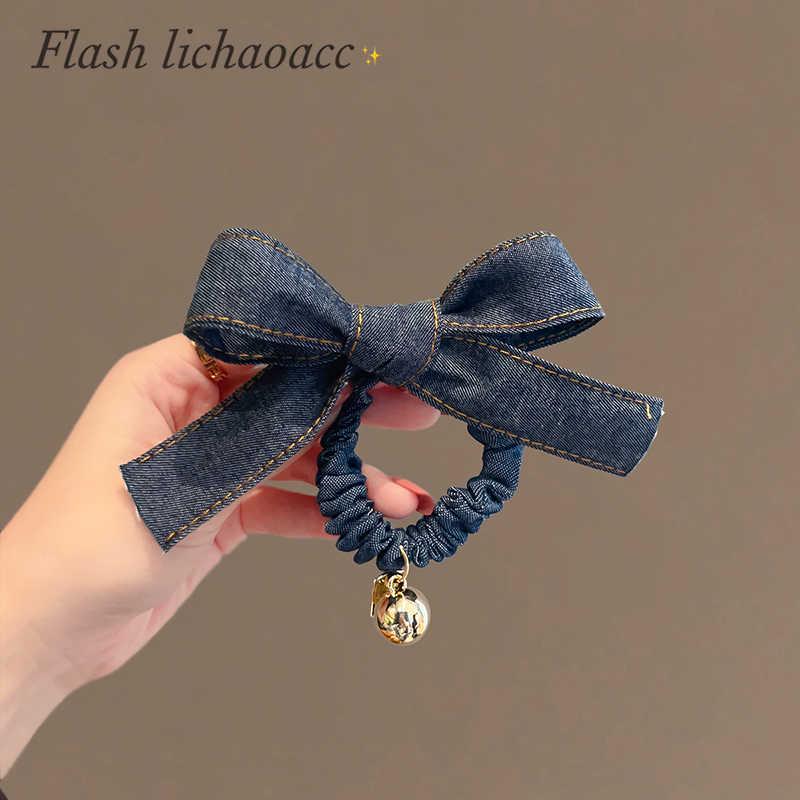 Korean Denim Bow Hair Tie with Metal Heart Ponytail Holder