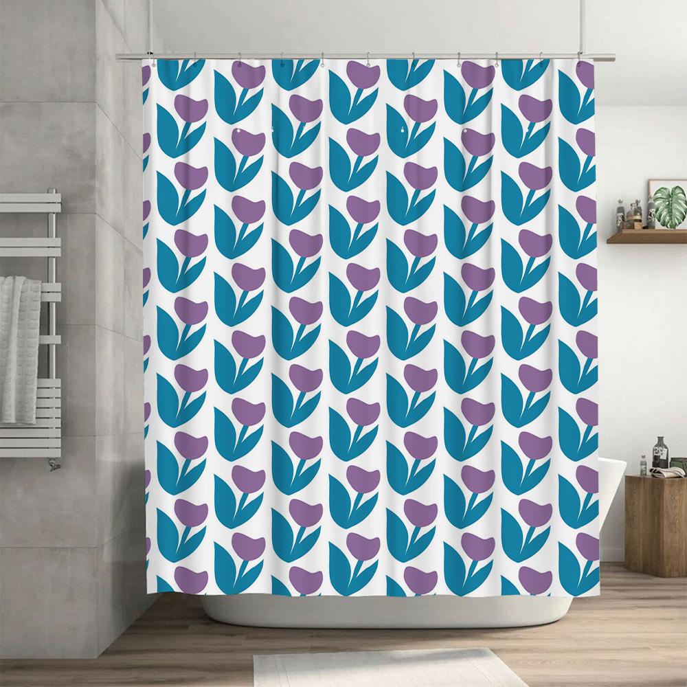 Modern Simple Blue Green Flower Print Shower Curtains for Bathroom Decor Purple Floral Pattern Bath Linen Set 3D Waterproof Fabr