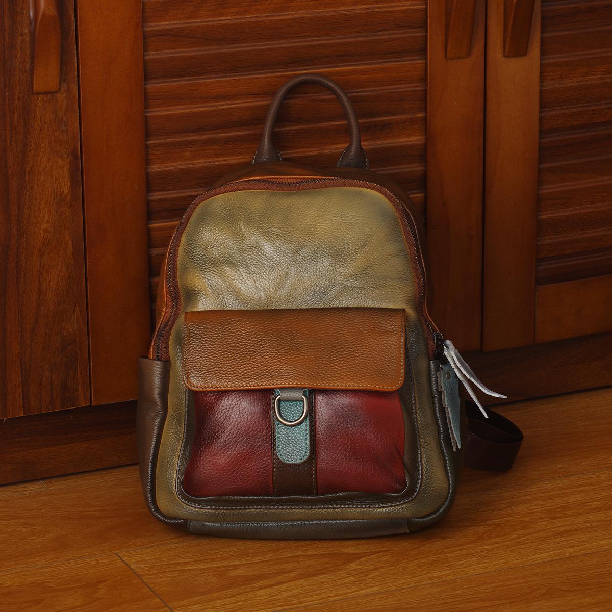 

Женская сумка из натуральной кожи первого слоя из коровьей кожи, цвет пэчворк, контрастный цвет, ручная работа, повседневный рюкзак в стиле ретро с эффектом протирки, индивидуальный женский рюкзак через плечо