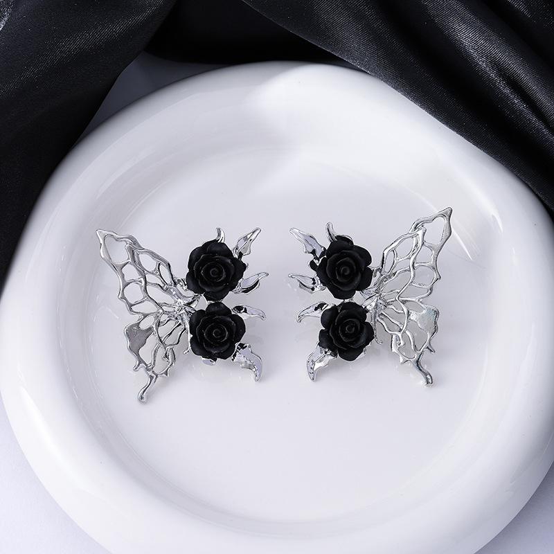 Black Rose Stud Earrings, Dark Gothic Hollow Butterfly Earrings, Metallic Cold Earrings.