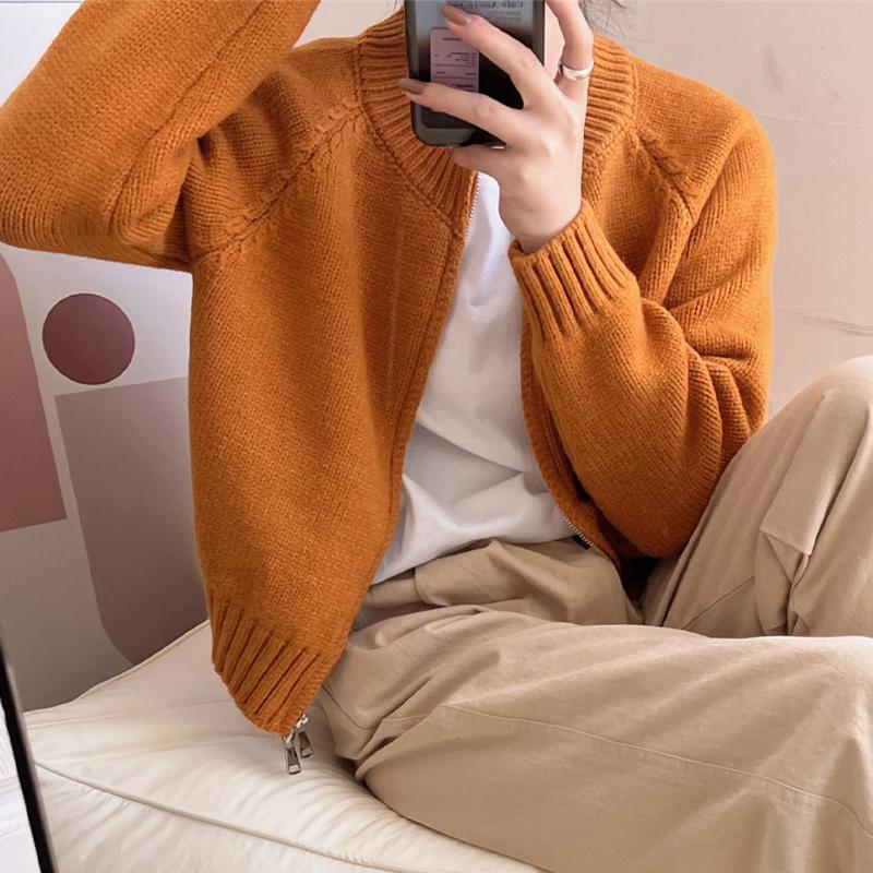 Dámský pletený svetr s kulatým výstřihem na zip Cardigan Short Coat