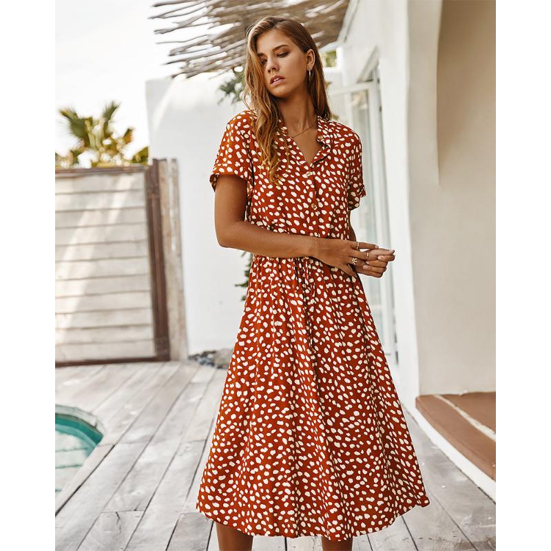 New Women's Polka Dot Chiffon Shirt Dress, V-Neck Short Sleeve Button Front Tie Waist A-Line Midi Dress for Spring Summer