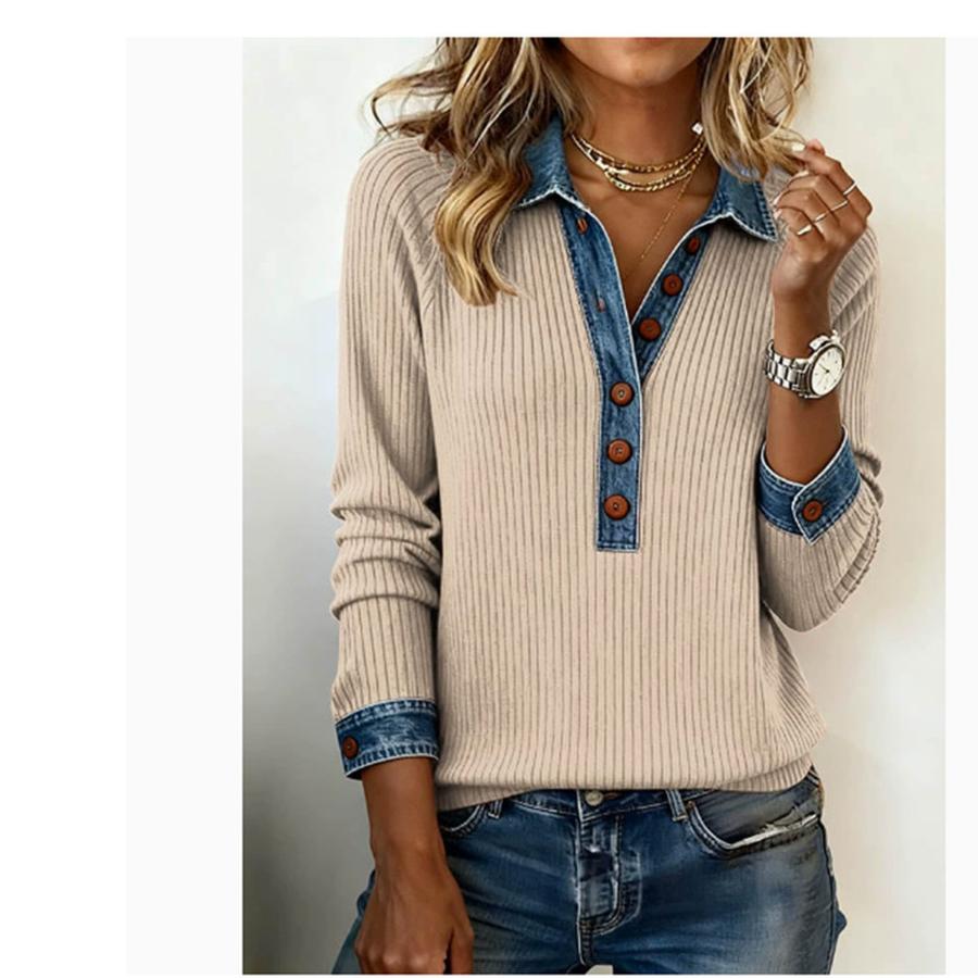 Damen Ins Stil Denim Langarm Rundhals Patchwork Strickoberteil