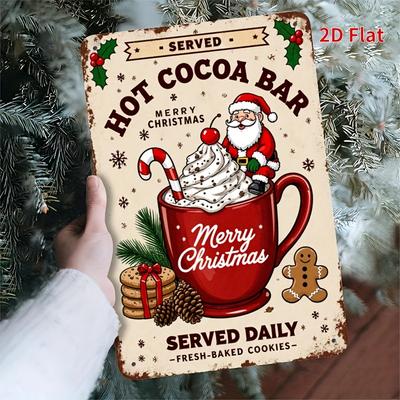 Vintage Christmas Hot Cocoa Bar Metal Tin Sign Iron Painting Retro Santa Claus Wall Plaque for Home Kitchen Holiday Decor
