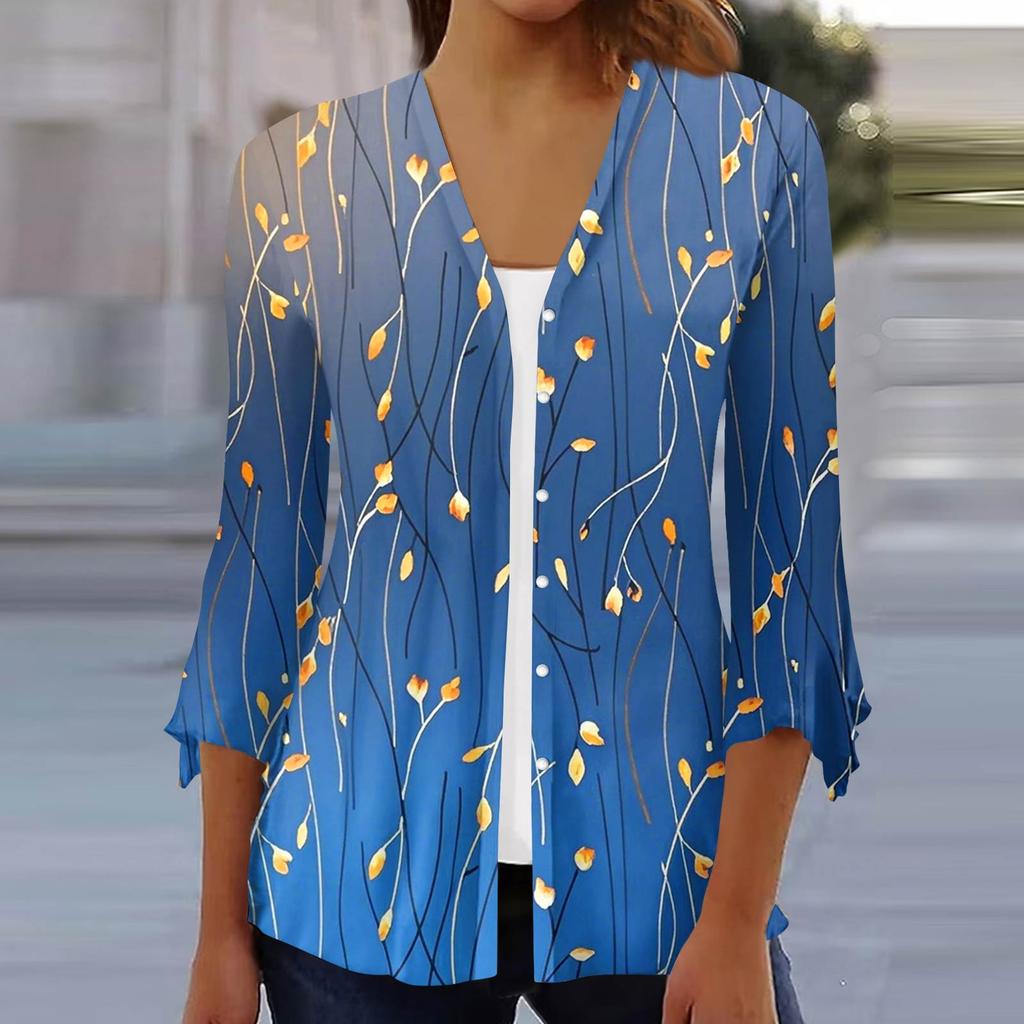 Women's Fashion Loose Casual Printed Seven-Part Sleeve Button Down Blouse Cardigan Top