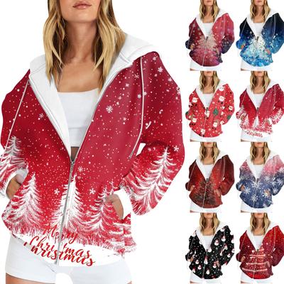 Damenmode Casual Weihnachtsdruck Sweatshirt Herbst Winter Langarm Cardigan Jacke Mit Tasche Reißverschluss Hoodie Jacke
