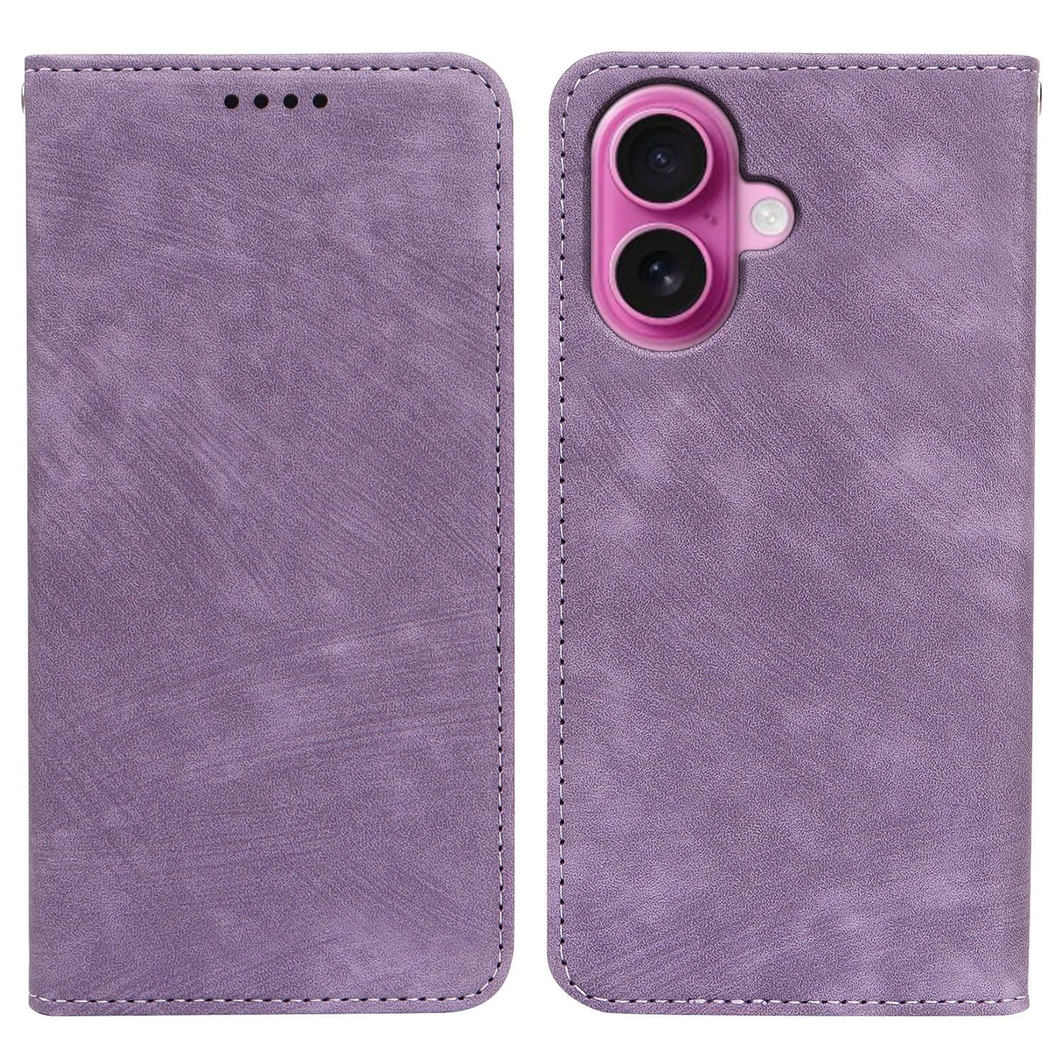 

For iPhone 16 Case Strong Magnetic Leather Wallet Phone Cover with Striped Texture Purple