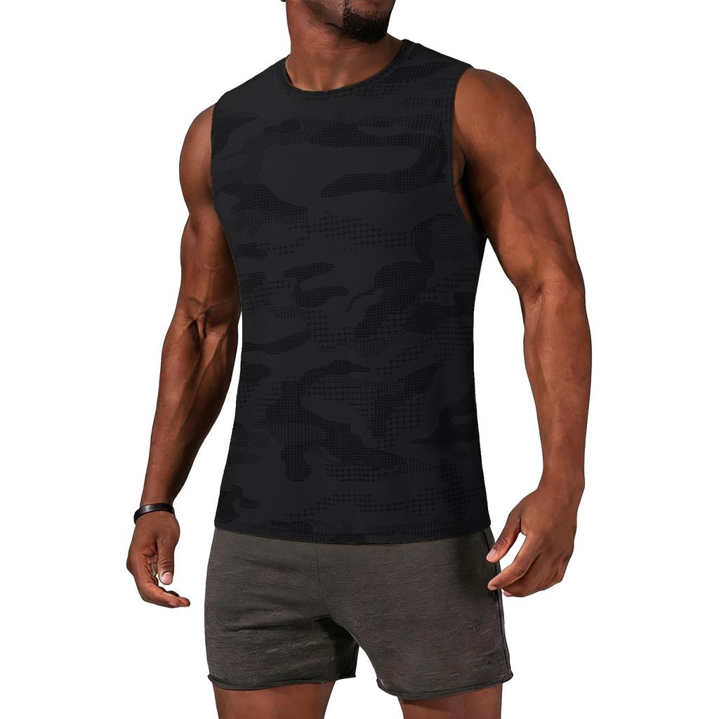 Men Sleeveless Athletic Tank Top Crew Neck Camo Print Lightweight Breathable Quick Dry Sports Shirt for Training Running Gym