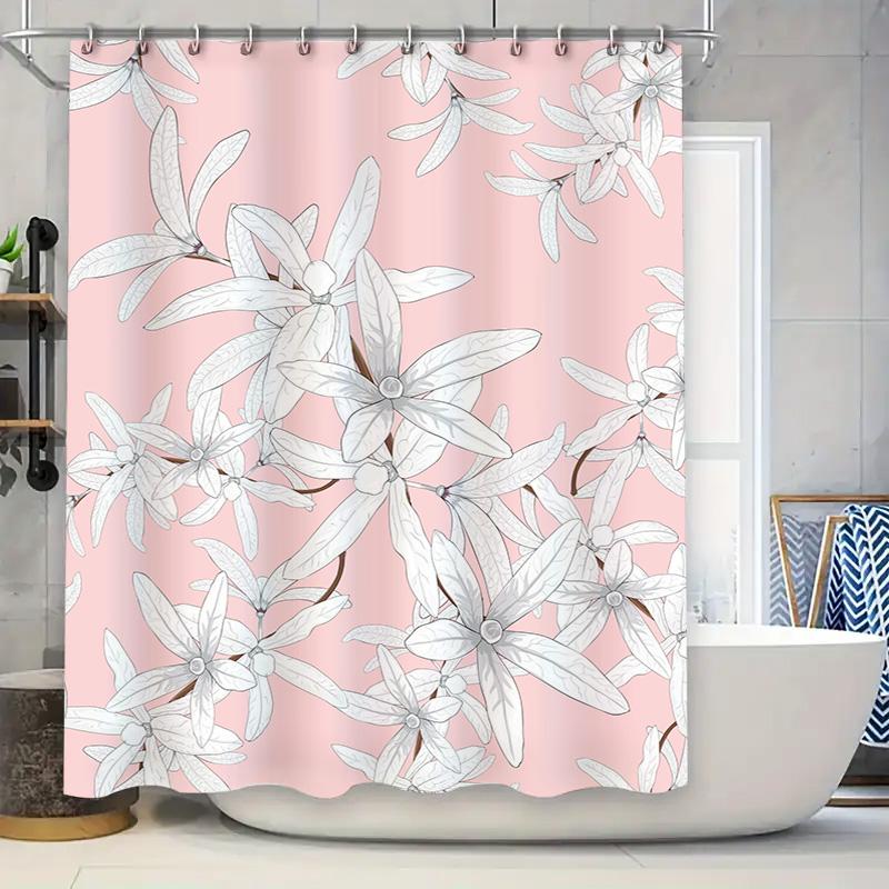 

White Floral Bath Curtain Pink Shower Curtain Decoration Waterproof Fabric For Bathroom Home Decor W60H190(CM)-1 Pcs