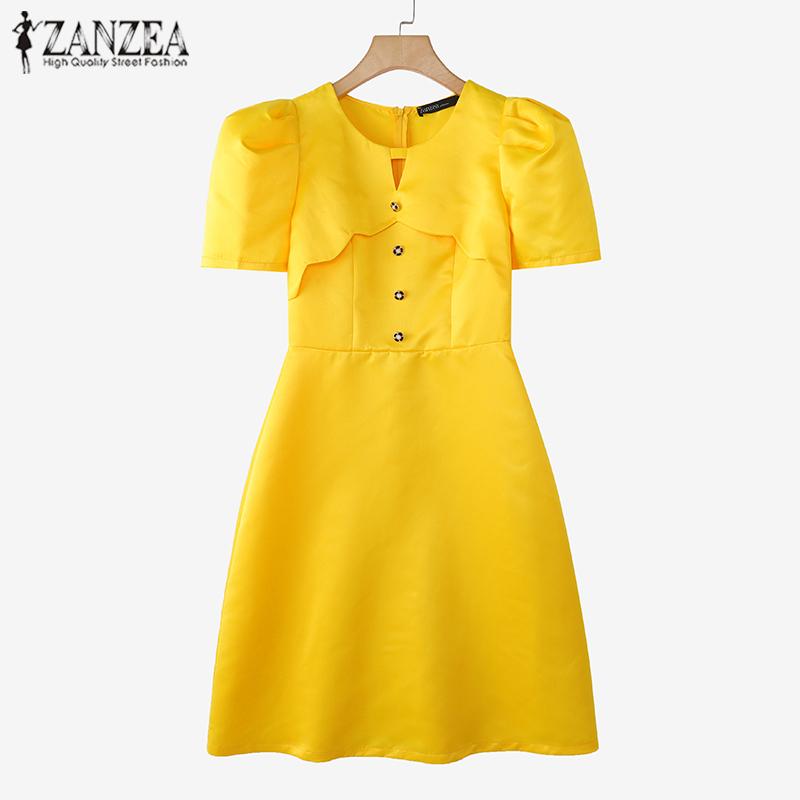 ZANZEA Damen Lässiges Rundhals Kurzarm Sommer Partykleid