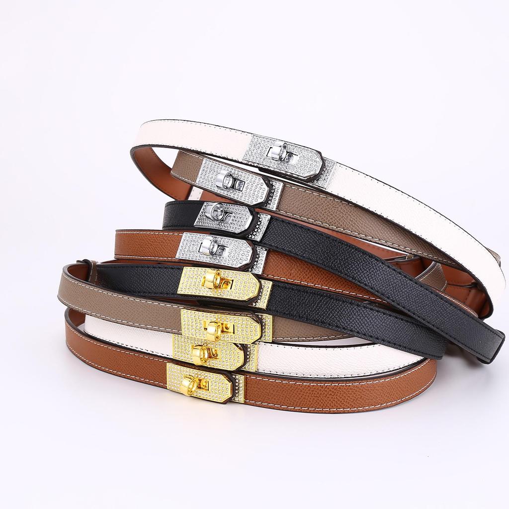 Cintura da Donna Kelly con Strass e Doppia Fibbia in Pelle - Versatile, Decorativa Fascia in Pelle di Mucca